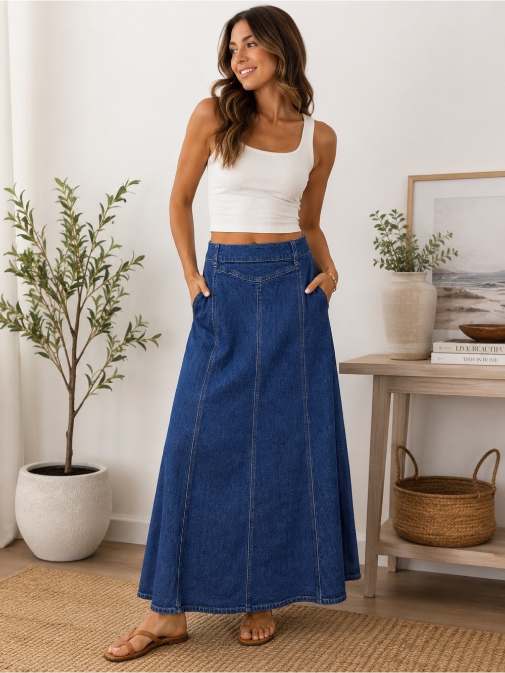 Yoeasy Denim Maxi Skirt Small Dark Wash High Waist A-Line Stretch Long Jean